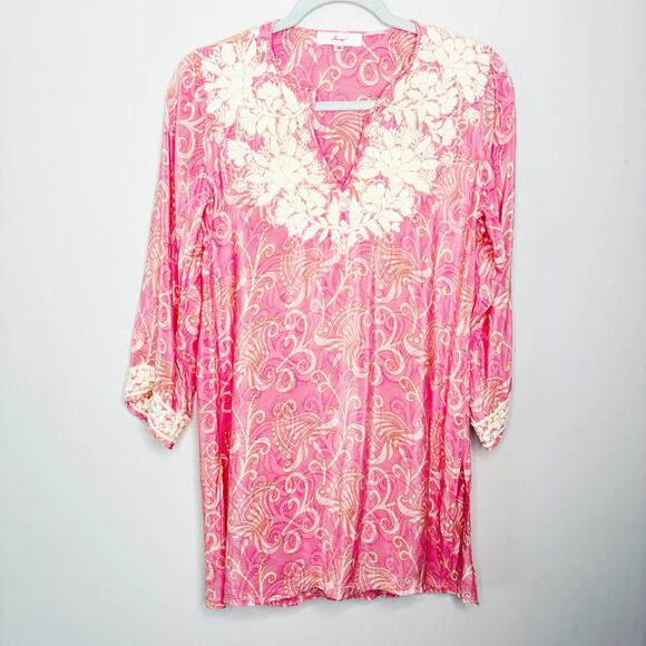 Amaya Pink Silk Tunic Size 38/M Floral Embroidered Neckline Cuffs Scroll - Picture 1 of 12